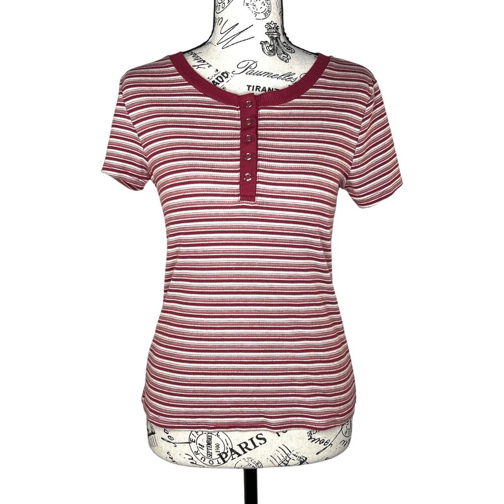 Pink Rose (S) Striped Snap Button Henley Cropped Short Sleeve Babydoll T-Shirt